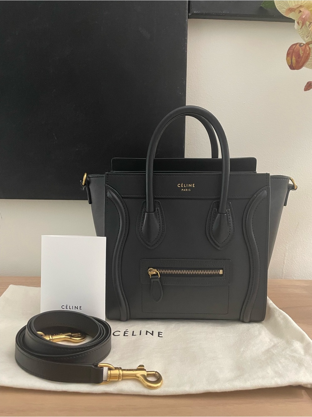 Celine Black smooth calfskin nano Luggage Crossbody with Gold Hardware